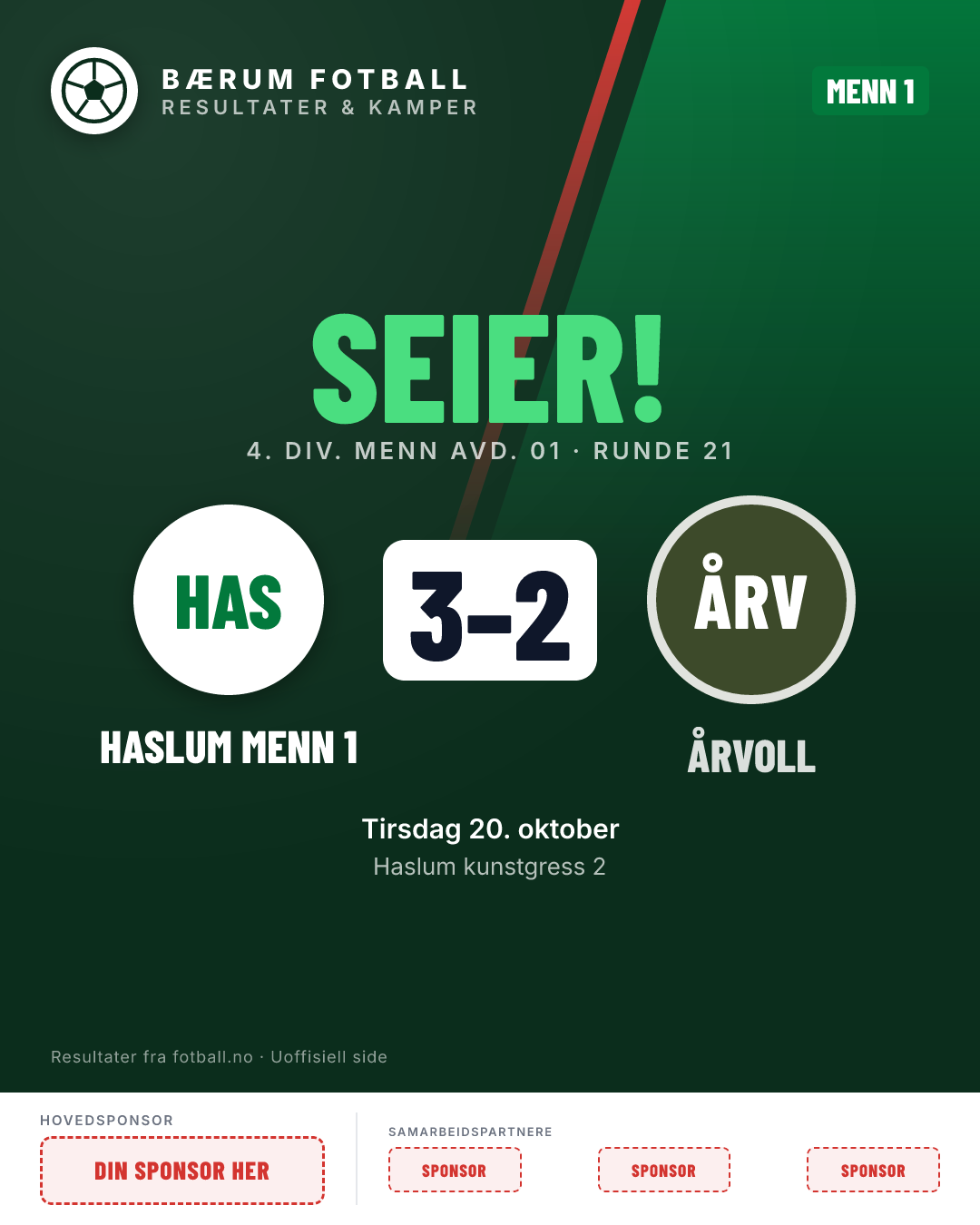 Menn 1: Haslum Menn 1 3–2 Årvoll Menn Senior A